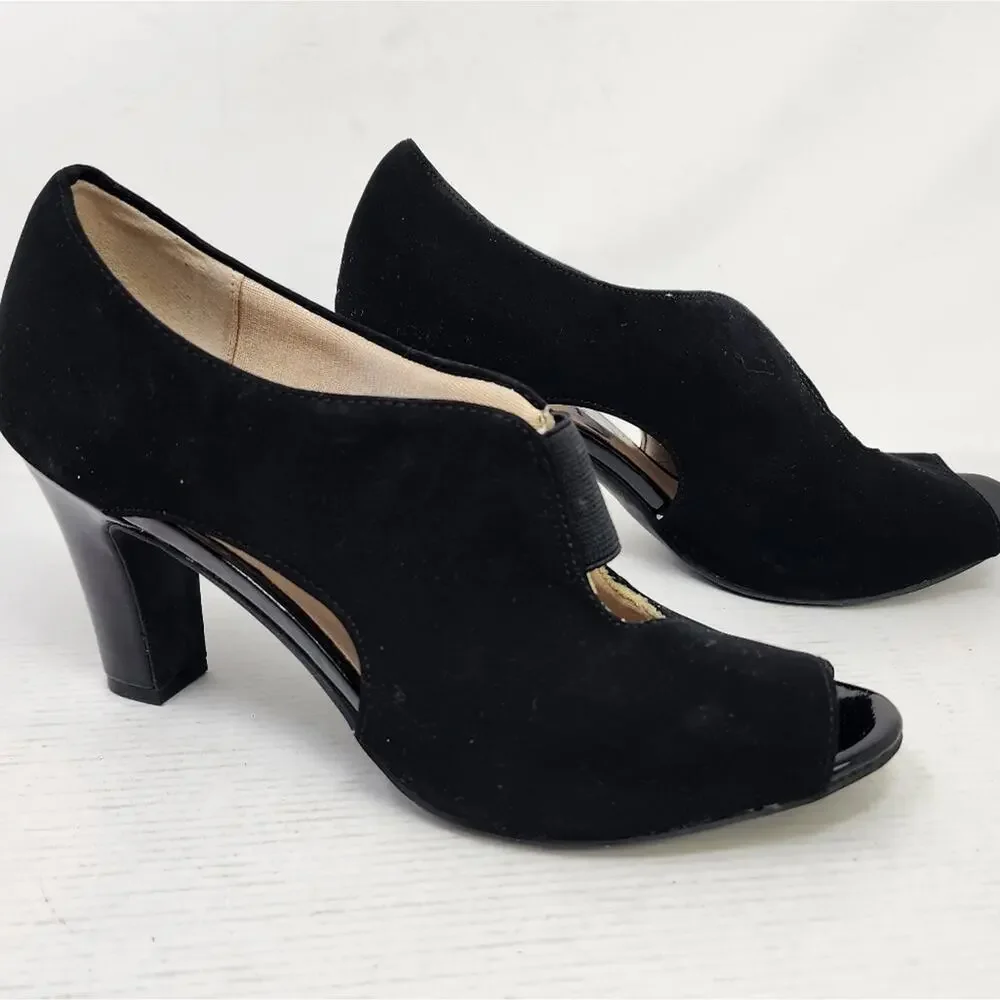 Lifestride Simply Comfort Black Suede Stretch Heels Peep‎ Toe Women's Size 7.5